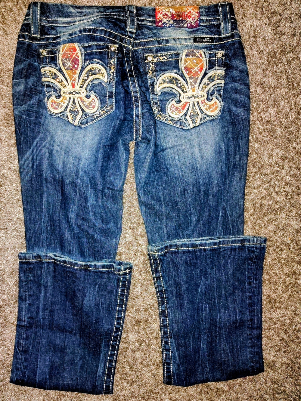 Miss Me Dark Blue Bootcut Jeans with Embellished Fleur-de-Lis Pockets